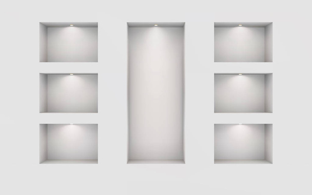 白い壁に7つの照明ニッチ。展覧会のための場所。デザインのためのトップビューモックアップテンプレート。別のレイヤーに光の効果。ベクトル. - ベクター画像