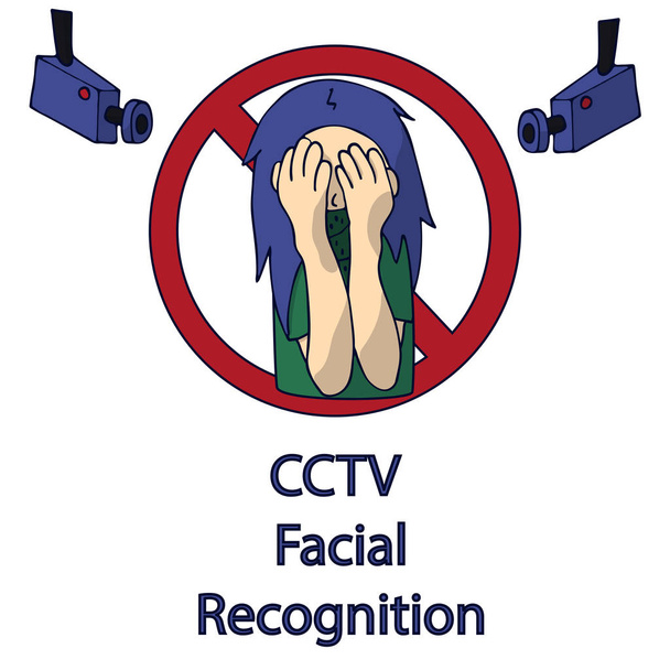 woman hides her face with hands from surveillance cameras. ban cctv facial recognition. isolated vector illustration - Vector, Image