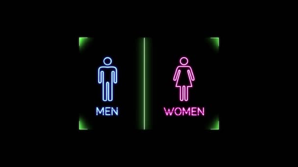 Неонове світло блимає миготливий знак туалету з синім чоловіком і символом рожевої жінки на чорному тлі
 - Кадри, відео