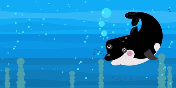 Happy Cartoon underwater scene with swimming coral reef fish killer whale with space for text - illustration - Fotografie, Obrázek