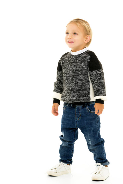 Handsome little boy in full growth on a white background. The co - Foto, imagen