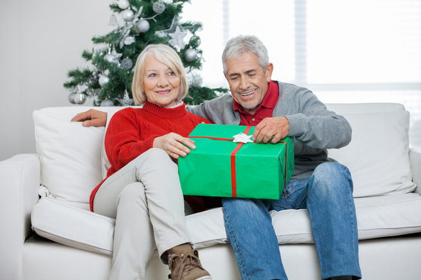 Couple With Christmas Gift Sitting On Sofa - Φωτογραφία, εικόνα