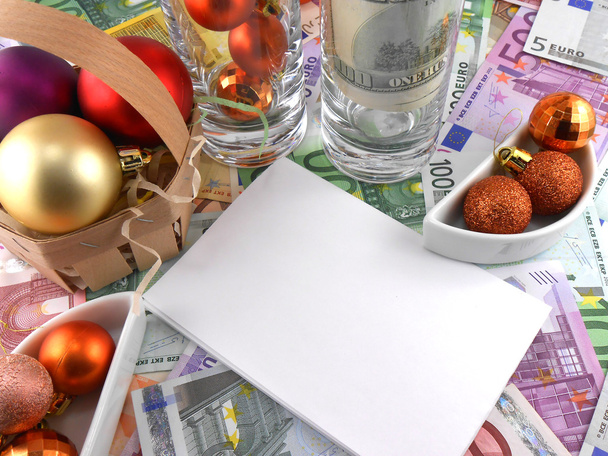new year celebration event, money wallpaper, christmas balls and blank paper - Foto, Bild