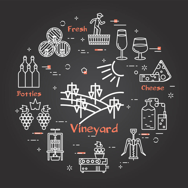 Vector black square banner of winemaking concept - vineyard plant - Vektör, Görsel