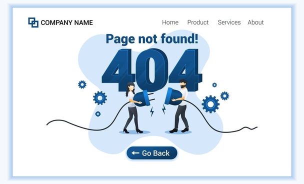 404 hata sayfası ağ kablosu sorununu çözmeye çalışan bir kadın ve erkeğin kavramını bulamadı. Web afişi, bilgi grafikleri, iniş sayfası, web sitesi şablonu için kullanılabilir. Düz vektör illüstrasyonu - Vektör, Görsel
