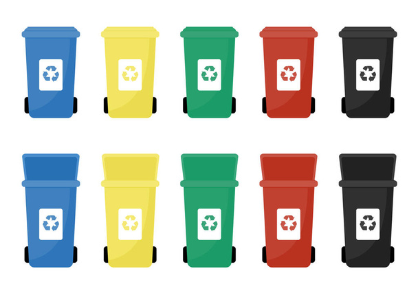 Basura latas vector ilustraciones planas. Clasificando basura. Concepto de ecología y reciclaje. Coloridos contenedores de basura de reciclaje abiertos y cerrados aislados sobre fondo blanco
. - Vector, Imagen
