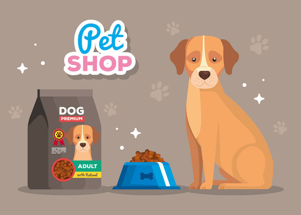 dierenwinkel en hond dier met schotel - Vector, afbeelding