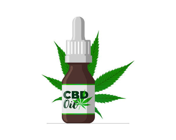 CBD hemp oil of medical cannabis extract in brown glass bottle. Marijuana leaf icon product jar label design template. Isolated vector illustration - Vektor, kép