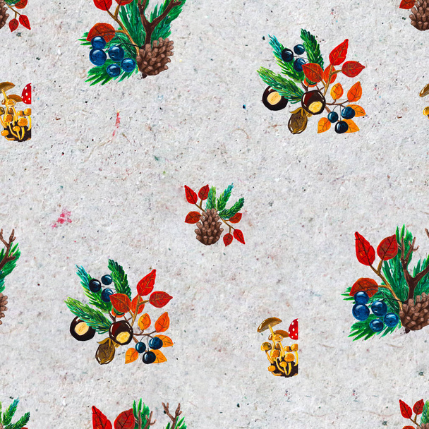 Autumn watercolor hand drawn seamless pattern with leaves mushrooms and pine cones - Φωτογραφία, εικόνα