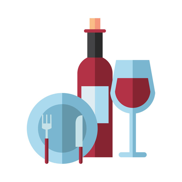 bebida garrafa de vinho com copo e prato
 - Vetor, Imagem