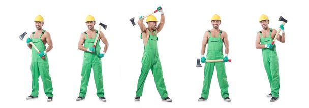 Worker with axe isolated on white - Photo, Image