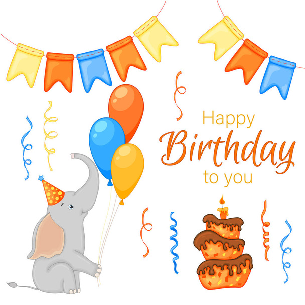 Party set with elephant and colorful items on a white background. Inscription "Happy Birthday". Multicolored. Vector. - ベクター画像