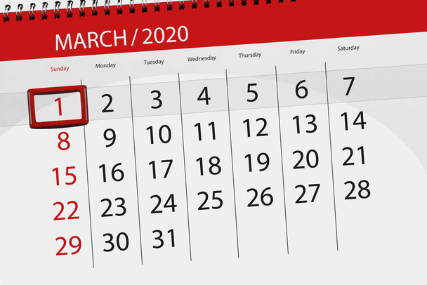 Προγραμματιστής ημερολογίου για το μήνα Μάρτιος 2020, καταληκτική ημερομηνία, 01, ήλιος - Φωτογραφία, εικόνα