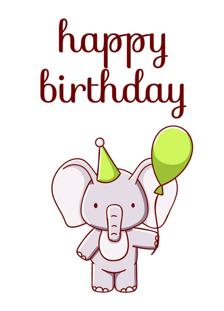 Leuke olifant met ballon cartoon kawaii gelukkige verjaardag platte hand getrokken geïsoleerd op witte achtergrond - Vector, afbeelding
