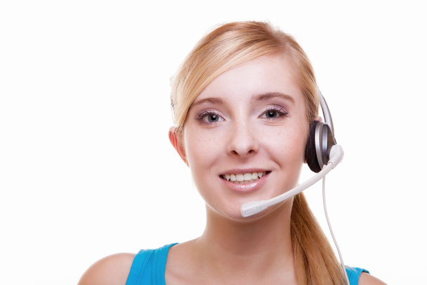 Chica con auriculares y auriculares de micrófono en blanco
 - Foto, Imagen