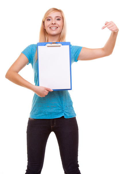 woman college student girl holds clipboard and points - Foto, Imagem