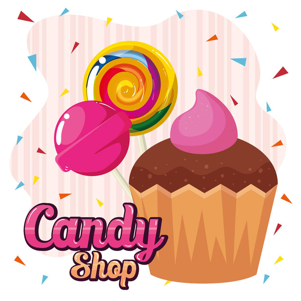 poster of candy shop with cupcake and caramels - Vector, Image
