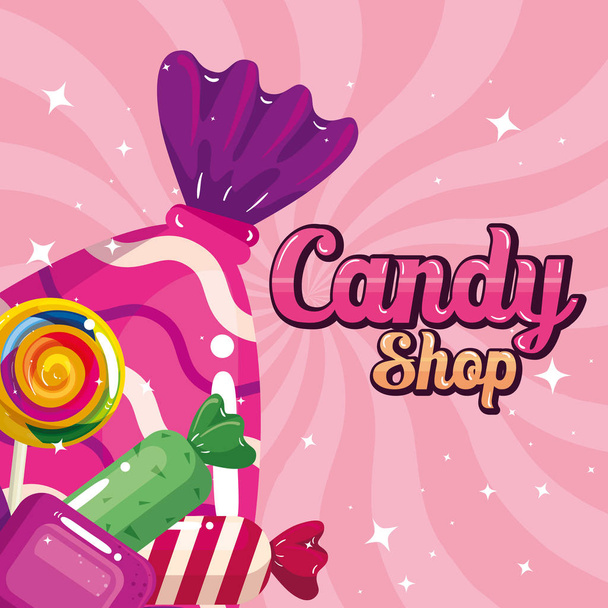 poster of candy shop with caramels - Vektör, Görsel