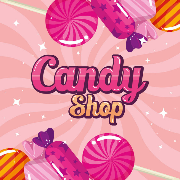 cartel de la tienda de dulces con caramelos marco
 - Vector, imagen