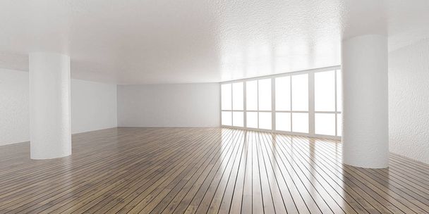 Velký bílý světlý podkrovní místnosti architektura vykreslit 3d ilustrace s lesklé dřevěné podlahy a bílé texturované stěny den světlo vysoký klíč osvětlení - Fotografie, Obrázek