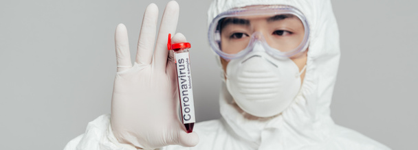 πανοραμική λήψη ασιατικού επιδημιολόγου με στολή και μάσκα αναπνοής που δείχνει δοκιμαστικό σωλήνα με δείγμα αίματος απομονωμένο σε γκρι - Φωτογραφία, εικόνα