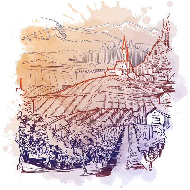 Vinyard Tirol Alpokban, Ausztriában. Vidéki panoráma a hegyi völgyben egy szőlőültetvény és a falu. Lineáris vázlat egy akvarell texturált háttér. - Vektor, kép