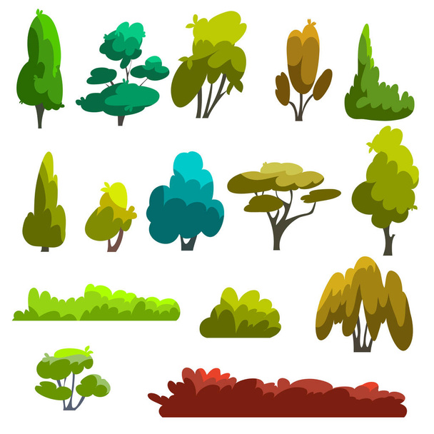A set of different species of trees and shrubs in a flat style. Vector illustration deciduous and coniferous trees - Vector, Imagen