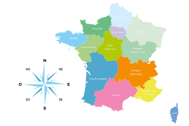 13 νέες περιφέρειες της Γαλλίας μεταρρυθμισμένες - έγχρωμη ευανάγνωστη εικονογράφηση - Διάνυσμα, εικόνα