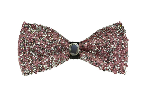 Гламурный розовый с серебряным блестком, украшенный бантом галстук с драгоценным камнем в центре, триумфальный модный аксессуар на белом фоне
 - Фото, изображение