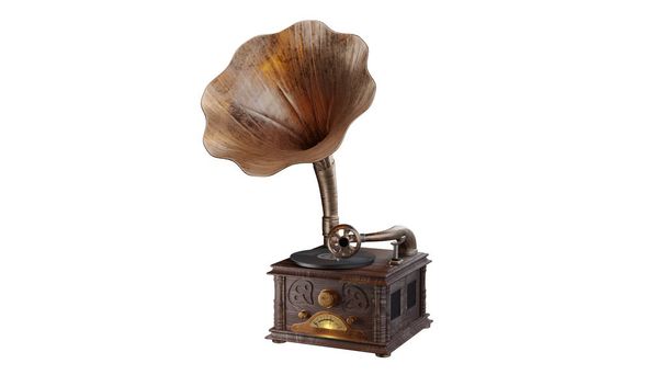 Vintage wood and bronze gramophone isolated on white. Clipping path included. Vinyl player - 写真・画像