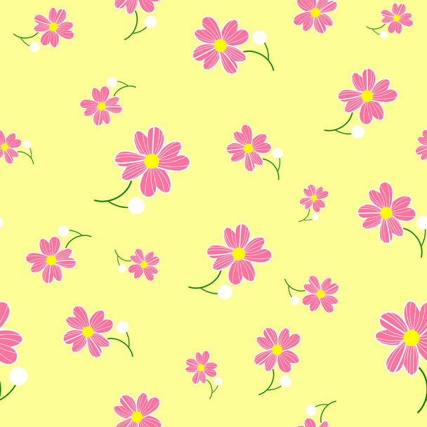 Seamless cute floral spting pattern background. Pink flower pattern on yellow background. Mothers Day, 8 March - Foto, afbeelding