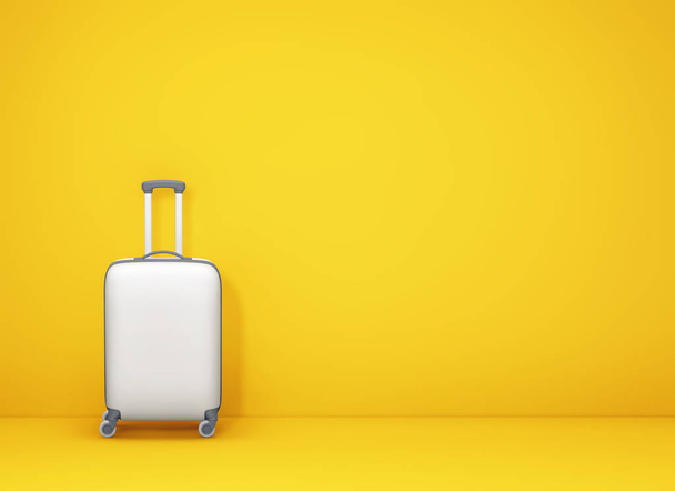 Sarı arkaplanda kopyalama alanı olan beyaz bavul - Fotoğraf, Görsel