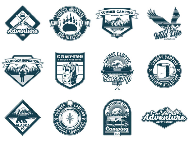 Conjunto de colección de insignias de viaje vintage camping
 - Vector, imagen