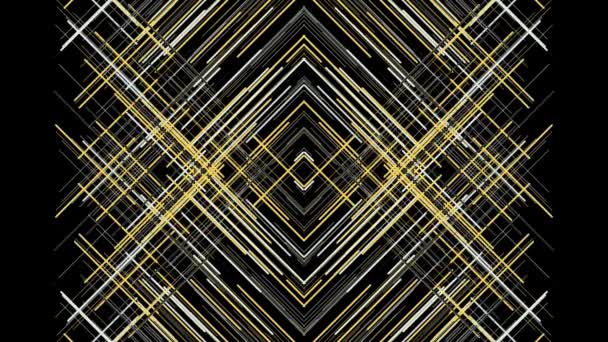 Abstrakti rhombus kehyksiä keltainen väri liikkuu mustalla pohjalla, saumaton silmukka. Animaatio. Kapeat suorat palkit virtaavat eri suuntiin
. - Materiaali, video