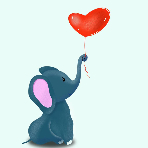 Elephant with a ball. Wild animal is sitting. The baby elephant is holding a ball. Red ball with glitter. Wildlife illustration. A romantic gift for a girl. Postcard to the day of lovers. Picture for a gift to your beloved. - Фото, изображение