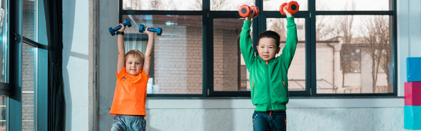 Vista frontal de crianças multiculturais levantando as mãos com halteres enquanto faz exercício no ginásio, tiro panorâmico
 - Foto, Imagem
