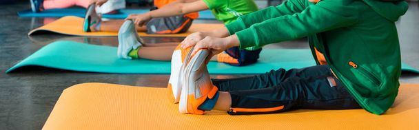 Cropped view of children stretching on fitness mats in sports center, panoramic shot - Photo, Image