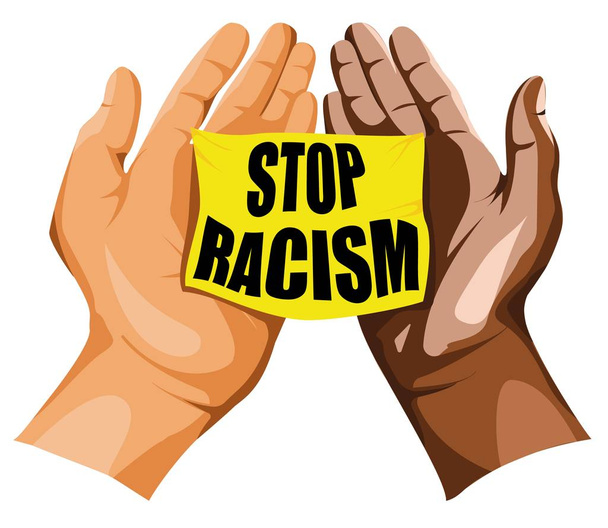 Pára com o racismo. Mãos e panfleto amarelo. Dia MLK. Folheto, banner ou cartaz
. - Vetor, Imagem