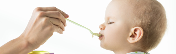 вид збоку мами, що годує дитину дитячою їжею ізольовано на білому, панорамний знімок
 - Фото, зображення