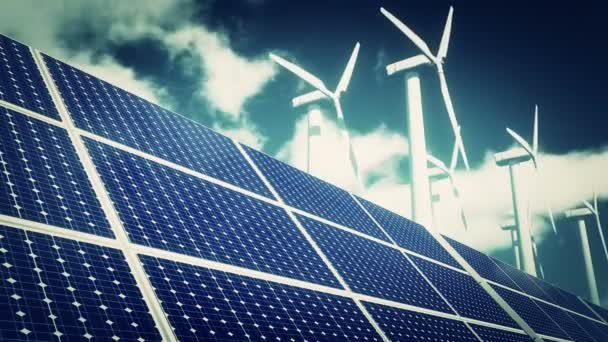 4k Sonnenkollektoren & Windkraft, grüne freie klare Energie, Zeitraffer-Wolken fliegen. - Filmmaterial, Video