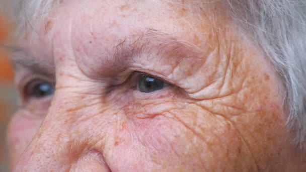 Πορτραίτο ηλικιωμένης γυναίκας που παρακολουθεί σκεπτική σε κάτι. Κοντινό πλάνο του ρυτιδιασμένου γυναικείου προσώπου. Γιαγιά με ήρεμη έκφραση προσώπου. Προβολή λεπτομερειών Αργή κίνηση - Πλάνα, βίντεο
