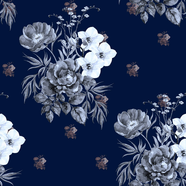 Watercolor garden flowers. Elegant bouquet. Floral seamless pattern on dark blue background. - Fotó, kép