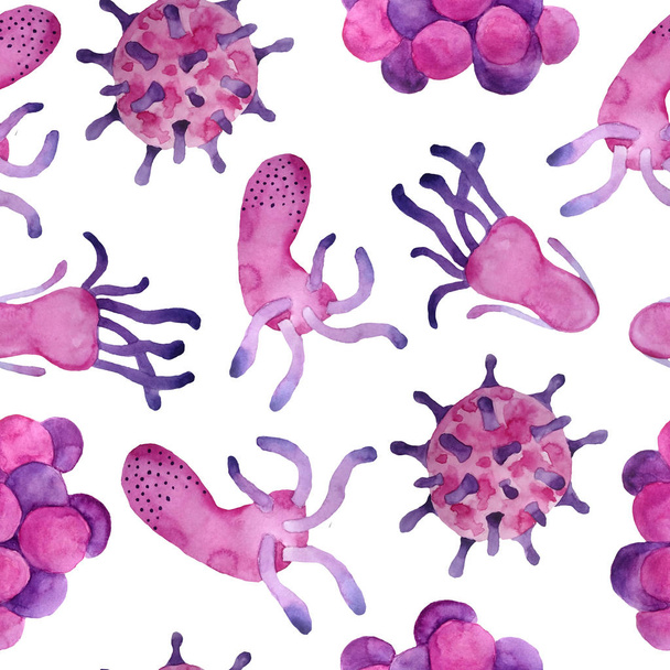 Ručně kreslené akvarel růžové fialové viry a bakterie bezešvé vzor. Mikroskopické onemocnění buněk, virus, bakterie a mikroorganismus ilustrace. Mikrobiologický koncept. Ploché prvky pro lékařské - Fotografie, Obrázek