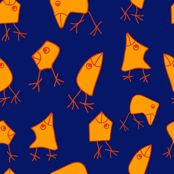 明るい青の背景に面白い漫画黄色の鳥とシームレスなベクトルパターン。子供のための動物壁紙デザイン. - ベクター画像