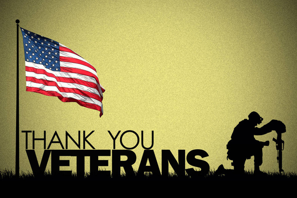 Слова "Дякуємо ветеранам" чорно-білим і американським прапором. - Фото, зображення