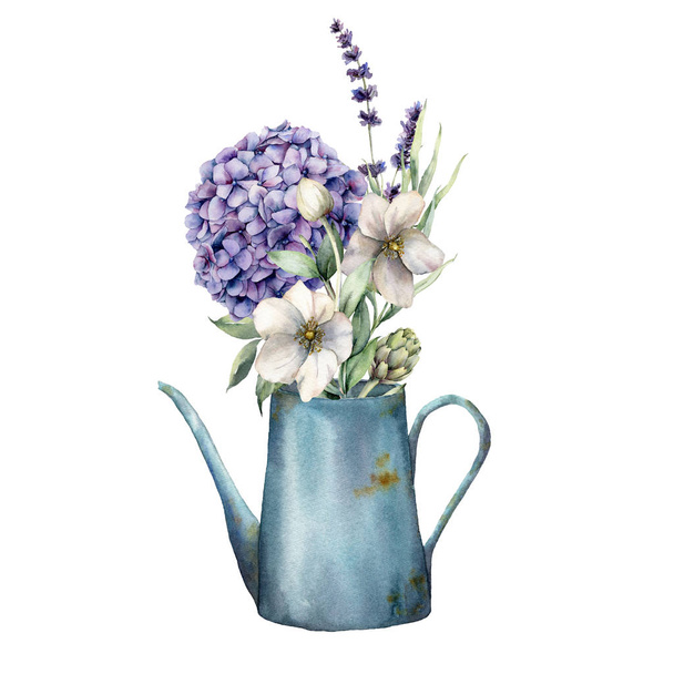 Aquarel gieter met lente hortensia en anemonen. Met de hand geschilderde bloemen, lavendel en eucalyptus bladeren geïsoleerd op witte achtergrond. Bloemen illustratie voor ontwerp, print of achtergrond. - Foto, afbeelding