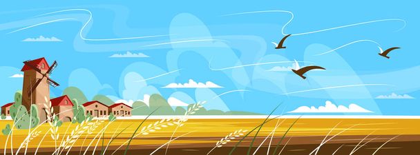 Rural landscape with the image of a mill. Harvesting. Vector illustration. - Vector, Image