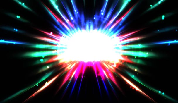 Pretty background of crossing beams of light and glowing particles. Wallpaper of vibrant colorful lights. Shinny light display - Photo, Image