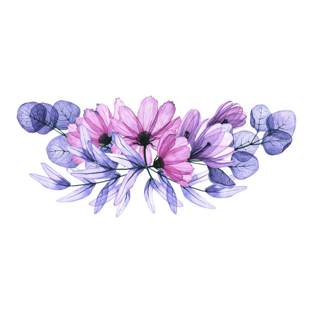 Strauß mit transparenten Blättern und Blüten in Aquarell. Handgezeichnete Illustration  - Foto, Bild