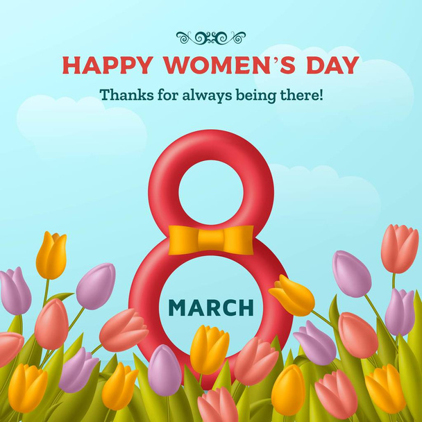 Roztomilé Happy Womens Day pozadí s obrázkem osm a kytice tulipánů - Vektor, obrázek